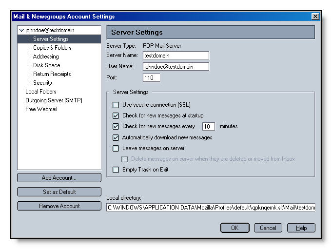 Netscape Email Settings 2- Server Settings Image