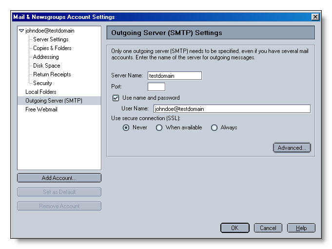 Netscape Email Settings 3 - Outoging Server (SMTP) Settings Image